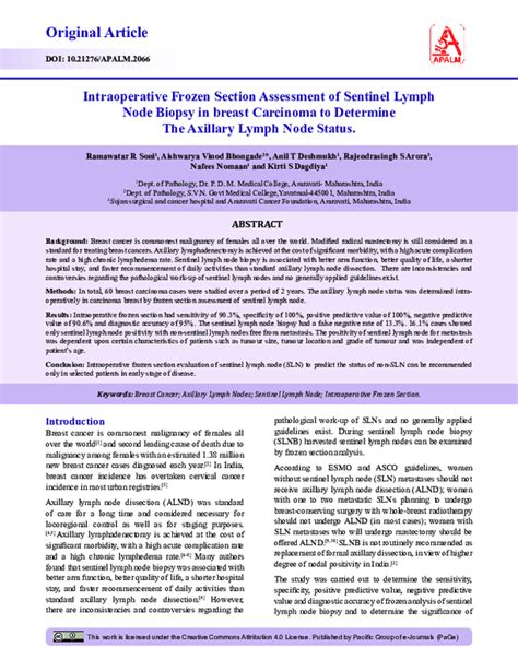 Pdf Intraoperative Frozen Section Assessment Of Sentinel Lymph Node Biopsy In Breast Carcinoma