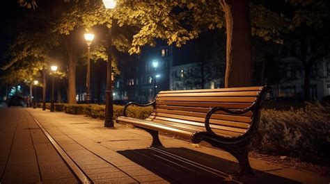 Premium AI Image | A bench in a park with street lights on the side