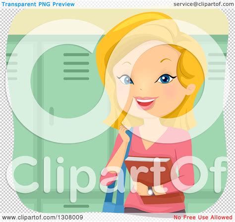 Clipart Of A Happy Blond White Female College Student Holding A Book By