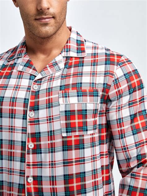 Men Plaid Print Contrast Piping Pj Set Shein Usa