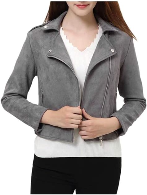 Goosuny Wildlederjacke Damen Zipper Bikerjacke Kurz Jacke Solide Revers