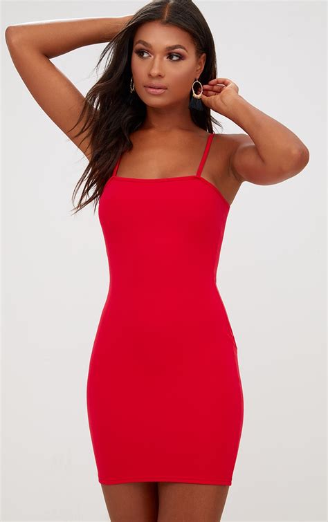 Red Straight Neck Bodycon Dress Dresses Prettylittlething