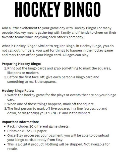 10 Printable Hockey Bingo Cards - Etsy