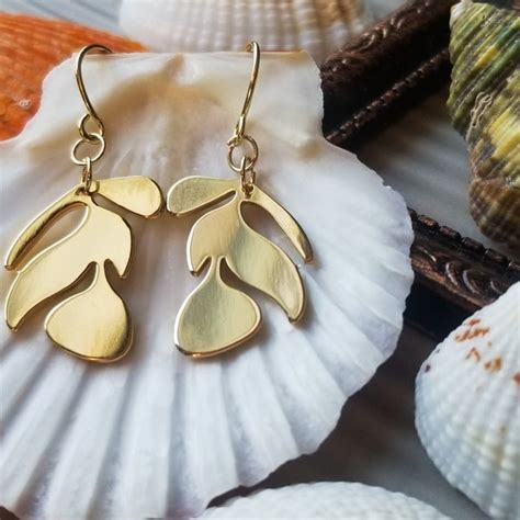 14k Gold Dangle Earrings Leaves Etsy