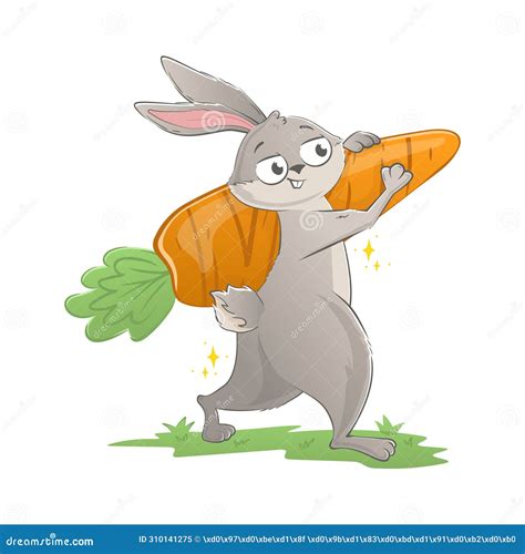 Funny Easter Bunny Carries A Huge Carrot On The Lawn Holiday Doodle