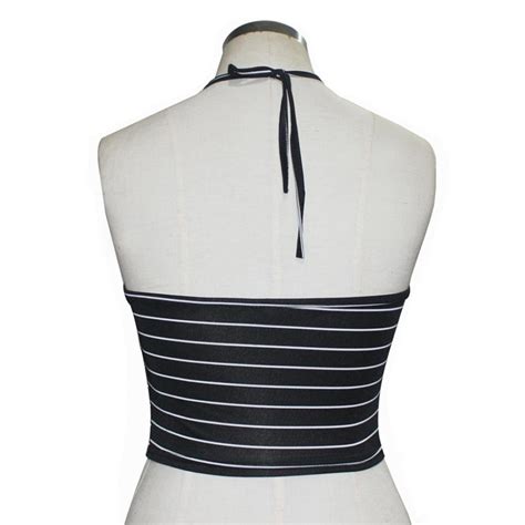 Aimtoppy Women Sexy Stripe Printed Sleeveless Halterneck Tank Crop Tops