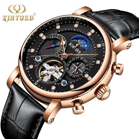 KINYUED Tourbillon Mechanical Watches Men Genuine Leather Man