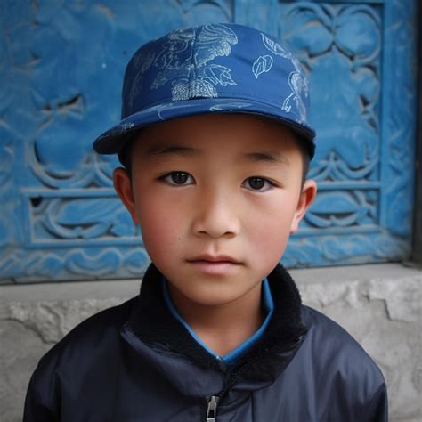 Premium Photo A Boy Wearing A Blue Hat With A Leaf Design On It