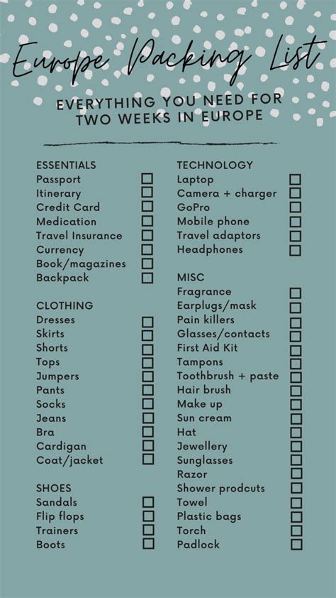 Packing List For Europe Essential Travel Items Printable Checklist