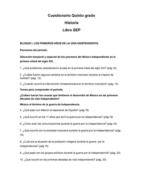 Cuestionario To Historia Cuestionario Quinto Grado Historia Libro