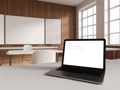 Stylish Wooden Classroom Interior With Table In Row And Mockup Laptop Stock Illustration