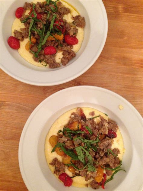 Goat Cheese Polenta With Italian Sausage And Roasted Cherry Tomatoes