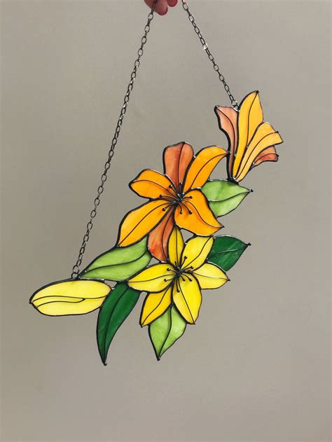 Orange Yellow Lily Suncatcher Flower Stained Glass Spring Etsy Stained Glass Flowers