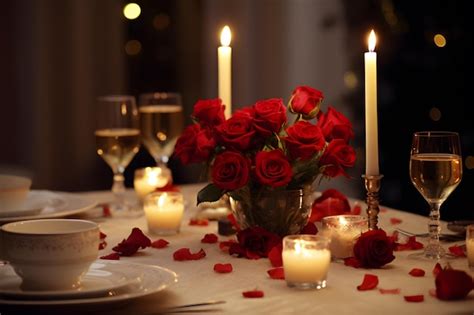 Premium AI Image Candlelit Dinner Table With Roses As Centerpieces