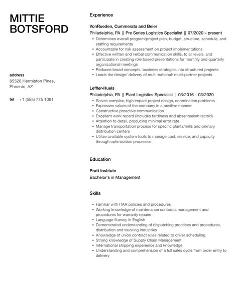 Logistics Specialist Resume Samples Velvet Jobs