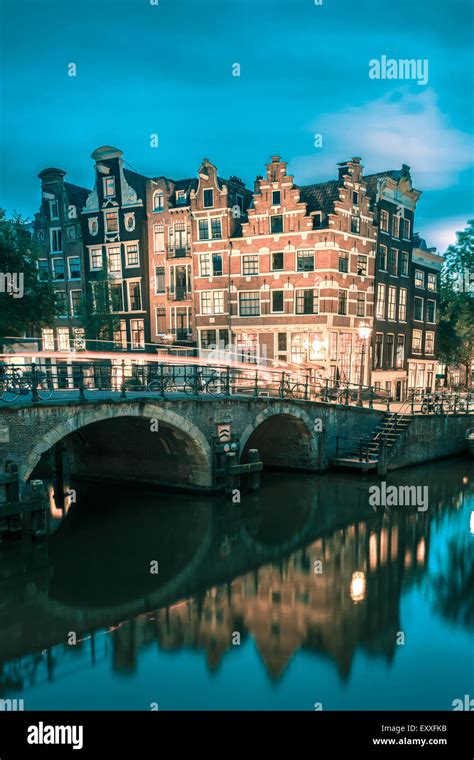 Night City View Of Amsterdam Canal And Bridge Stock Photo Alamy