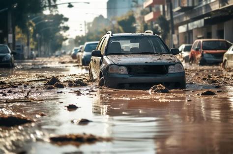 Premium Ai Image Flooded Cars On On City Street Dirt And Destruction