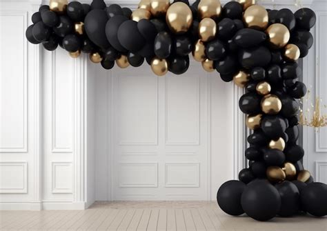 Premium AI Image | A close up of a black and gold balloon arch with ...