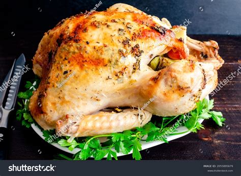 Whole Roasted Turkey On Platter Closeup Stock Photo 2055895679