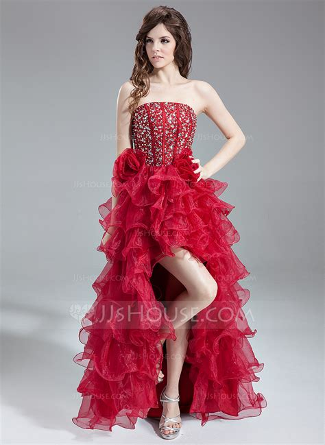 A Line Princess Strapless Asymmetrical Organza Prom Dress With Beading