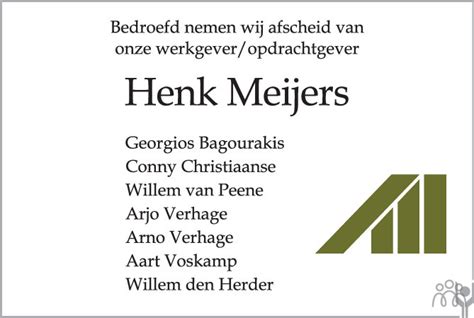 Hendrik Levinus Henk Meijers Overlijdensbericht En