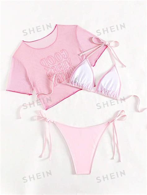 Shein Swim Mod Conjunto De Bikini Con Estampado De Letras Para Playa De