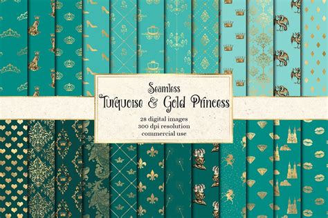 Turquoise And Gold Princess Digital Paper Seamless Teal Aqua Etsy