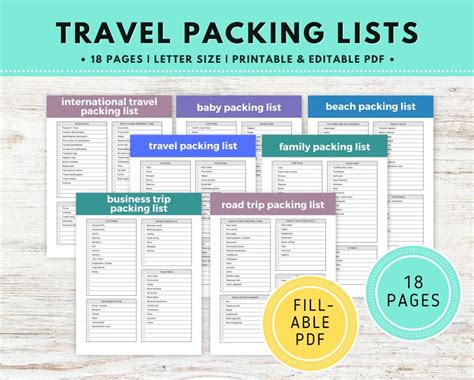 Travel Packing Lists PDF, Printable Packing Lists, Trip Packing ...