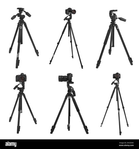 Set Of Modern Tripods With Professional Cameras On White Background