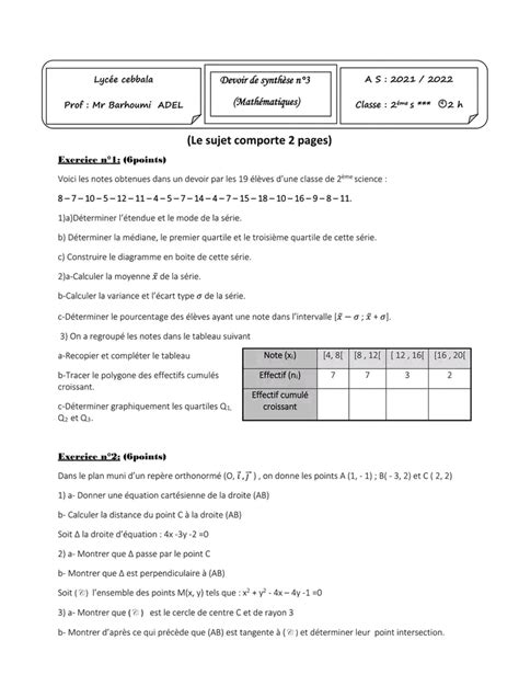 2 ème Sciences Math Devoir de synthèse n3 math