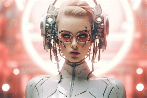 Beautiful Female Robot With Artificial Intelligence Stock