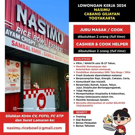 Lowongan Kerja Kasir Cook Helper Juru Masak Di Nasimu Rice Bowl