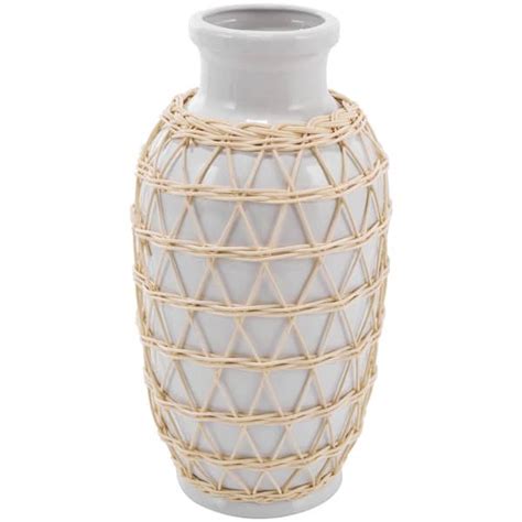 Litton Lane White Ceramic Decorative Vase With Woven Rattan Exterior