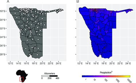 The Administrative districts and population distribution in Namibia. A ...