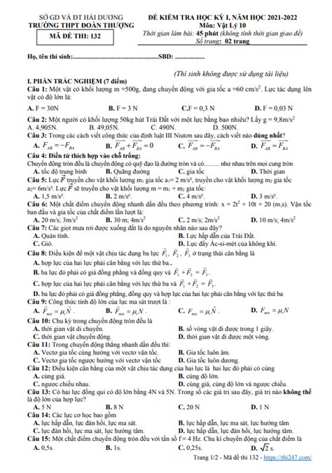 Đề Thi Cuối Kì 1 Vật Lý 10 Năm 2021 2022 Trường Thpt Đoàn Thượng