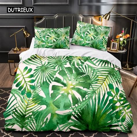 Green Leaves Tropical Duvet Cover Palm Leaf King Bedding Set Comforter