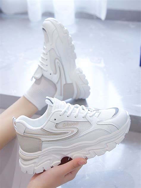 White Sporty Striped Chunky Sneakers Women Shoes Fancy Sneakers, Sneakers Street Style, Trendy ...