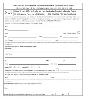 Fillable Online Waterquality Utah Updes Noi Form Fax Email Print