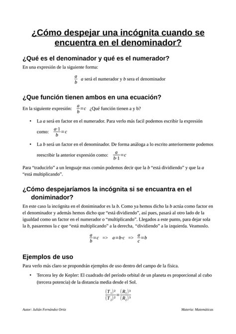 Cómo despejar una incógnita en el denominador PDF