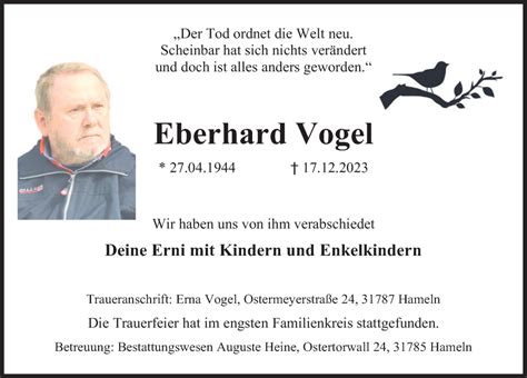 Traueranzeigen Von Eberhard Vogel Trauerportal Ihrer Tageszeitung