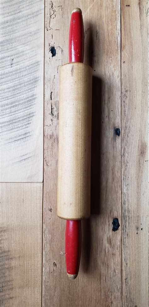 Vintage Wooden Rolling Pin With Red Handles Etsy