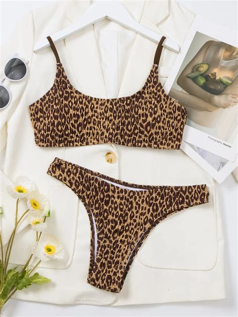 Bikini Sexy Con Stampa Leopardata A Fascia Stropicciata Set Due Pezzi