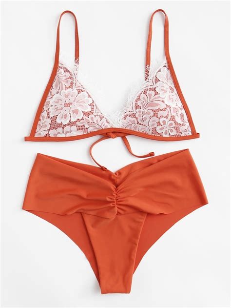 Lace Overlay Bikini Set Shein Sheinside