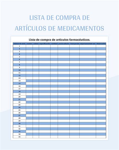 Plantilla De Formato Excel Lista De Compra De Art Culos De Medicamentos