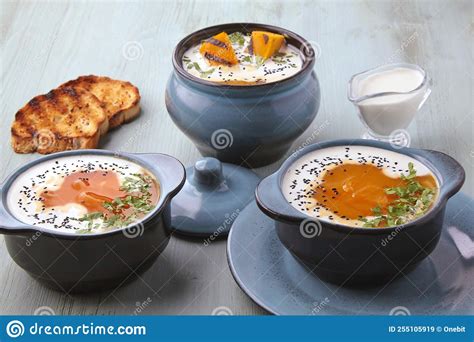 Hot Creamy Pumpkin Gazpacho With Cream Black Cumin Seeds Herbs And