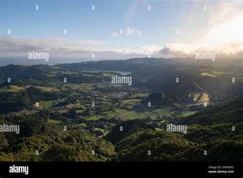 Aerial View Of Furnas Village And Lagoon At Sunset View From The Top