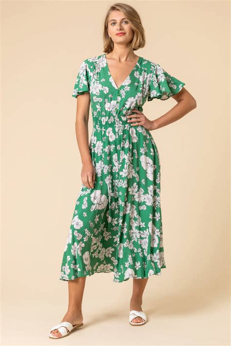 Floral Print Tiered Midi Dress In Green Roman Originals Uk