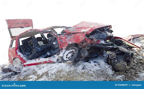 Red Car Crash On Isolated Road With Tire Tracks On Asphalt Royalty Free