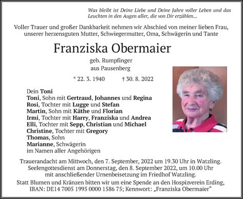 Traueranzeigen Von Franziska Obermaier Trauer Merkur De