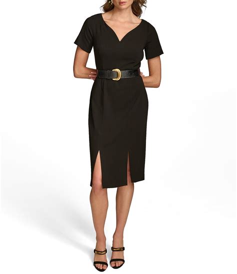 Donna Karan Solid Cady Crepe V Neck Short Sleeves Belted Sheath Dress